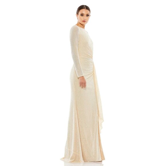 NWT Mac Duggal Sequined Ruched Long Sleeve Boat Neck Gown Pearl 10 #A0193 - Picture 3 of 11